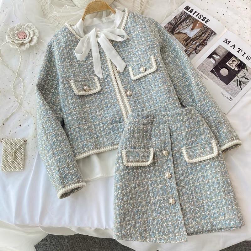 Set Dạ Tweed Kim Sa 2 Lớp, Bộ Áo Dạ Tweed Kèm Chân Váy Dạ Tweed Họa Tiết Sim Sa / Size S/M / Cáo Hồng Shop