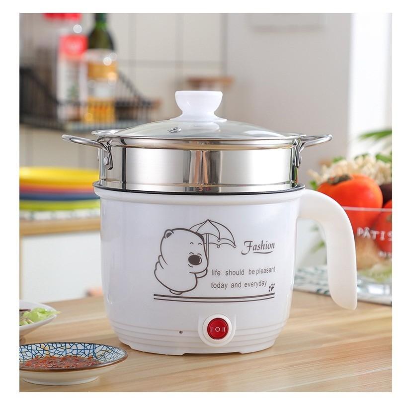 Nồi lẩu điện mini 1,8L có kèm vỉ hấp inox nắp thủy tinh - Ca nấu mì nấu cơm hấp trứng đa năng