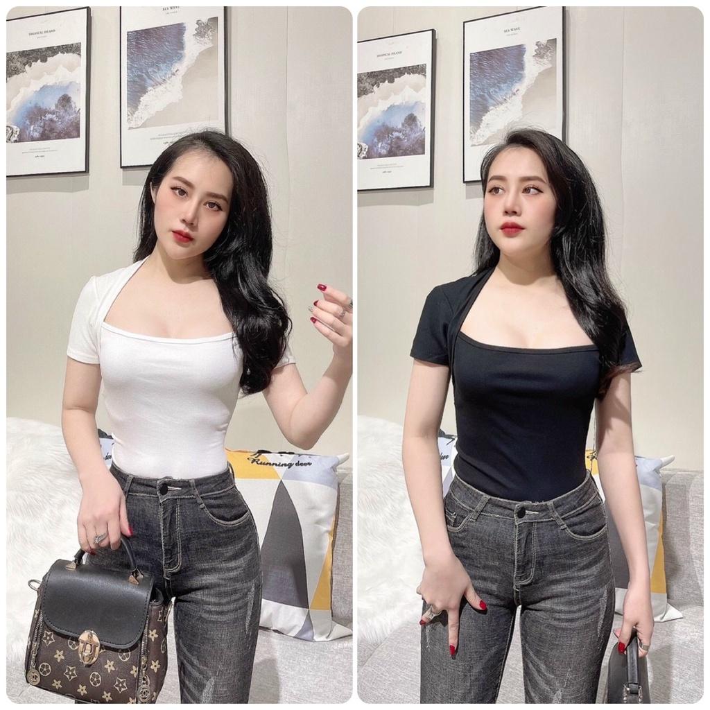 Áo thun nữ ôm body kiểu cổ vuông tay ngắn chất cotton mềm mại phong cách