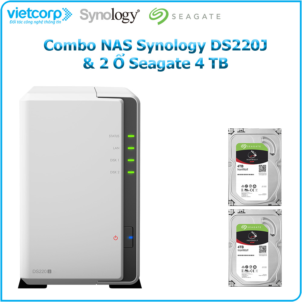 Combo: Thiết bị lưu trữ NAS Synology DS220j  và 2 ổ cứng HDD Seagate ST4000VN008 4TB - Hàng chính hãng