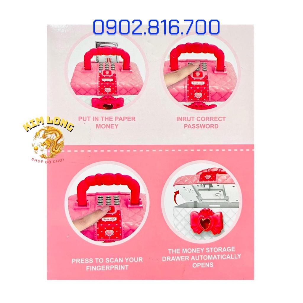 Đồ chơi két sắt vân tay mini thông minh tiết kiệm tiền hình cốp vali trang điểm màu hồng quà tặng cho bé gái