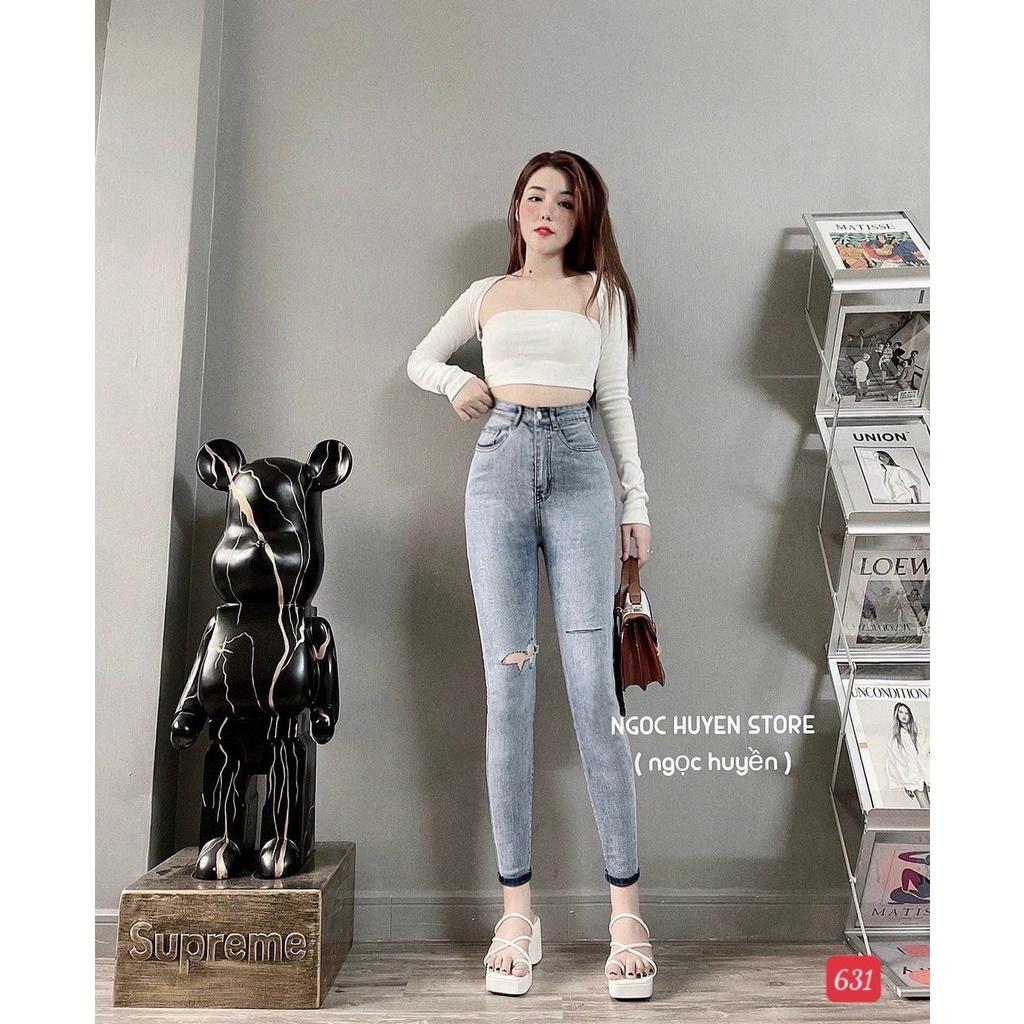 Quần jean nữ xám rách lưng cao cao cấp -chất denim co dãn tốt - quần chuẫn shop BEN Shop0807 HN11