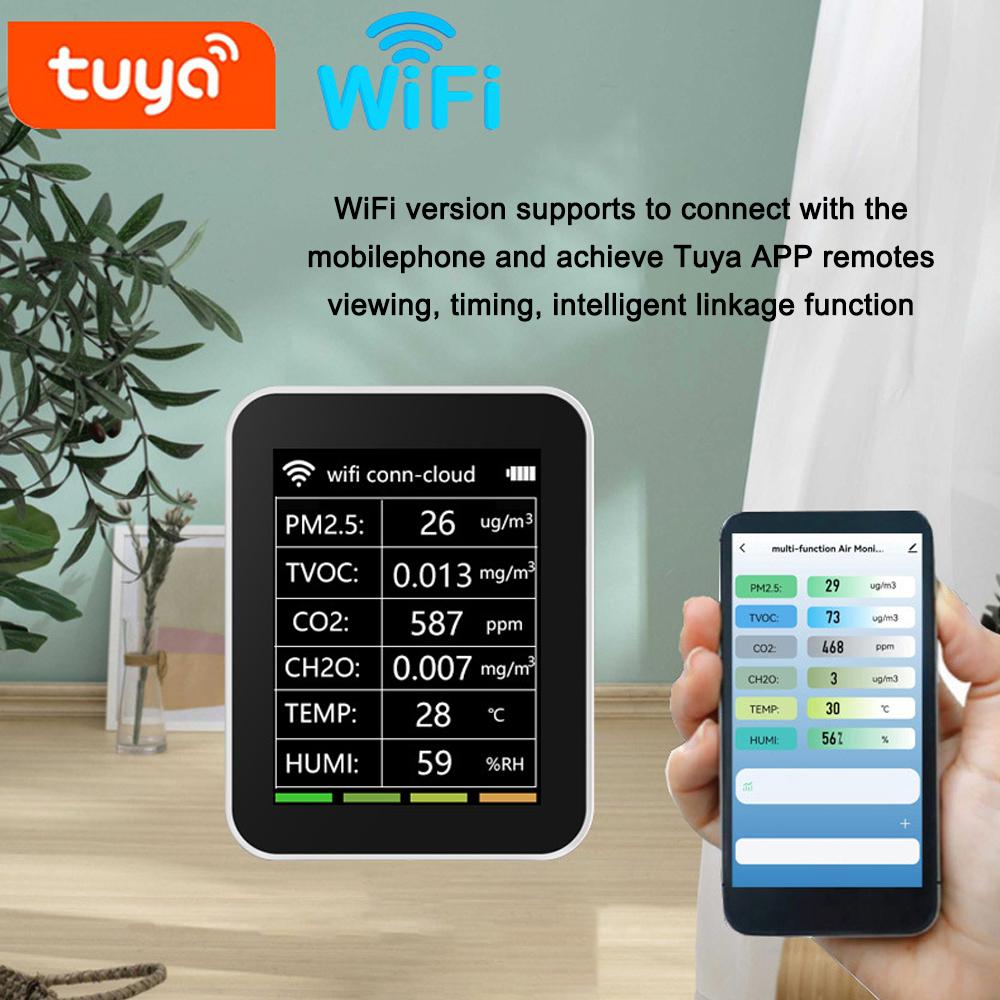 Tuya WiFi Portable Home Office Indoor Desktop Air Quality Detector 6 In 1 Multifunctional Detector PM2.5 TVOC CO2 CH2O Temperature Humidity Detecting Intelligent Linkage Mobilephone APP Remotes Viewing