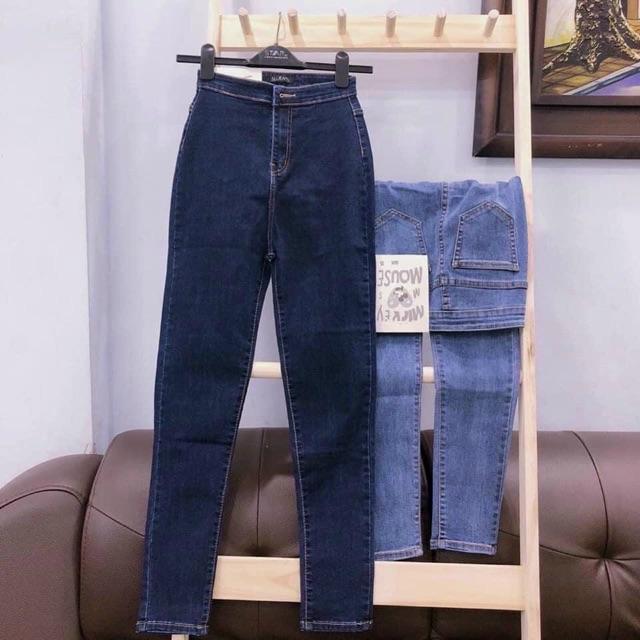 Quần jeans ôm body lưng siêu cao nút kiểu, quần jean nữ, quần bò nữ lưng cao trơn -