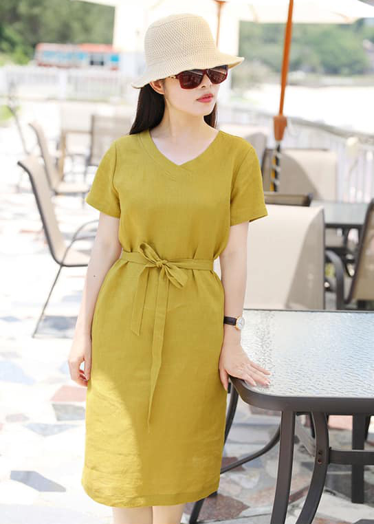 Đầm suông tay ngắn cổ tim xanh cốm kèm đai rời, chất thô mềm mát, thời trang phong cách Hàn Quốc