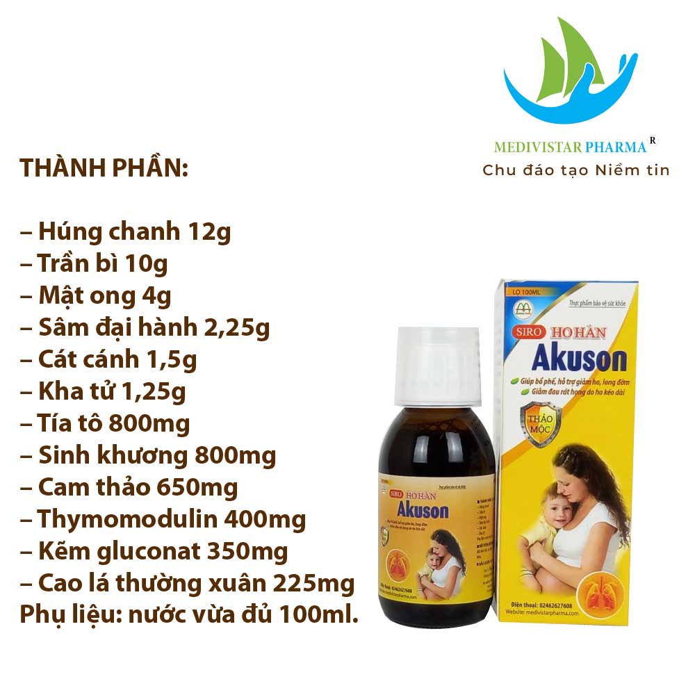 Siro Giảm Ho Cho Bé AKUSON Chiết Xuất Thảo Dược Giúp Long Đờm, Bổ Phế Tăng Cường Sức Đề Kháng An Toàn Cho Bé Và Cả Mẹ Bầu Lọ 100ml