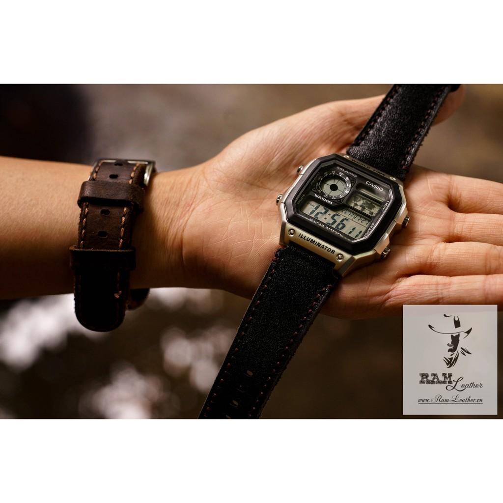 Dây đồng hồ da bò cho Casio AE1200 WHD và Seiko 5 37mm - Da bò đen tuyền