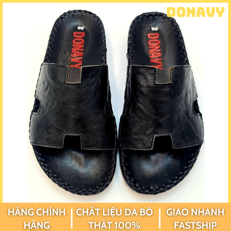 DÉP QUAI NGANG NAM DA BÒ THẬT 100%, KIỂU CHỮ H DA BÒ DONAVY CAO CẤP MAY QUAI DẤU X ĐẶC BIỆT DH