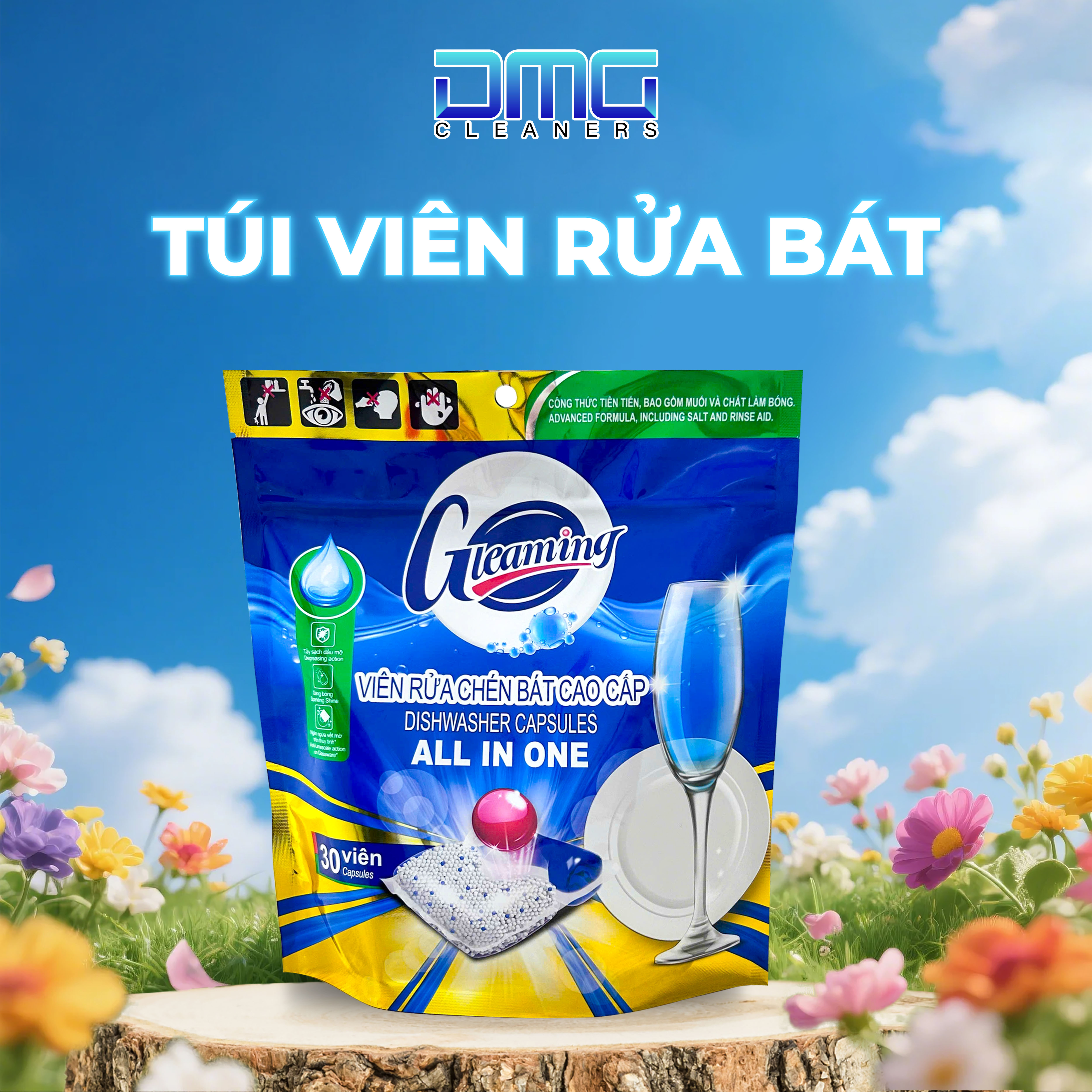 Túi 30 Viên Nước Rửa Chén Bát Gleaming Tặng 2 Túi Nước Rửa Chén 200ml