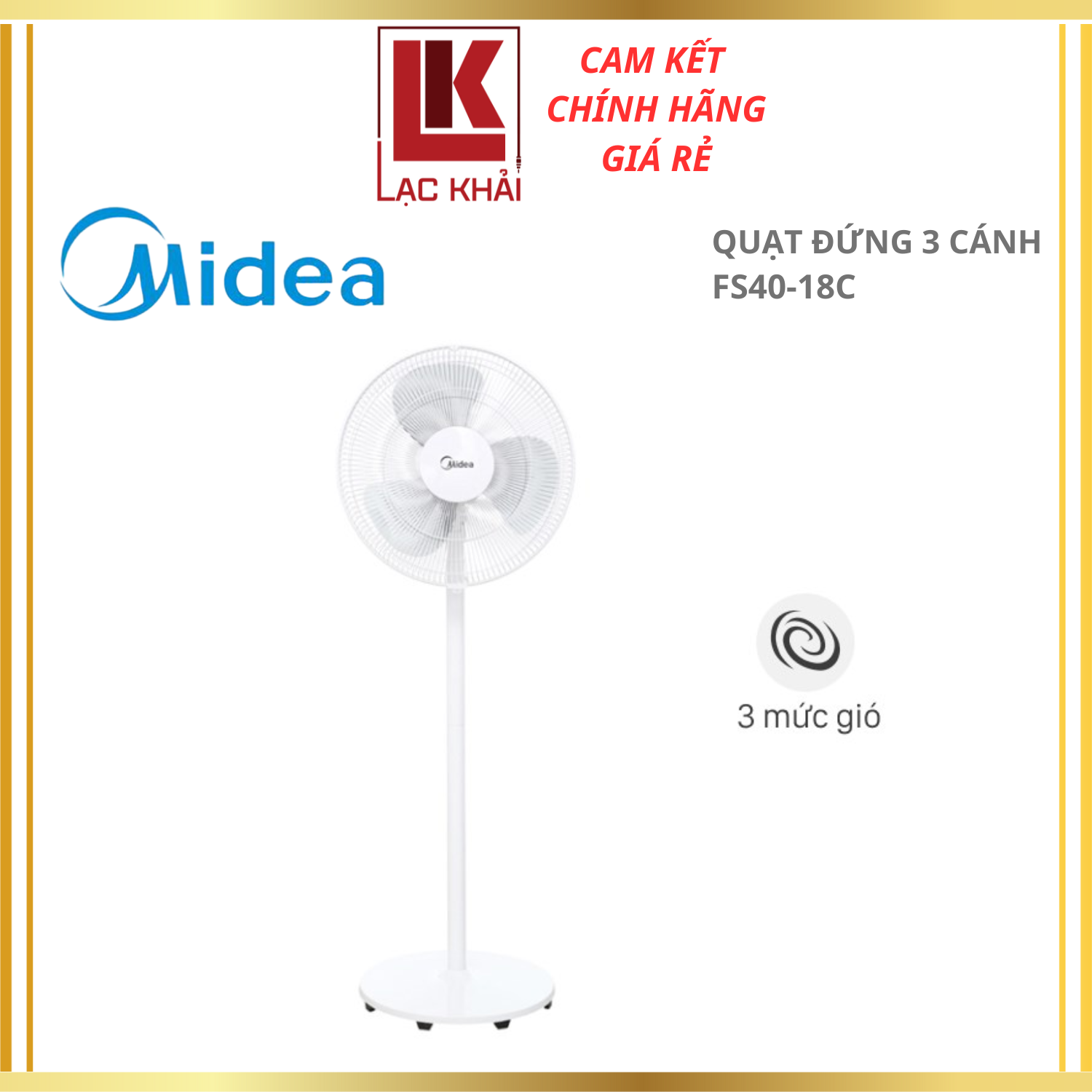 Quạt Đứng 3 Cánh Midea FS40-18C, Trắng, Công Suất 50W - 3 Chế Độ Gió - Có Chức Năng Hẹn Giờ - Hàng chính hãng - Bảo hành 12 tháng