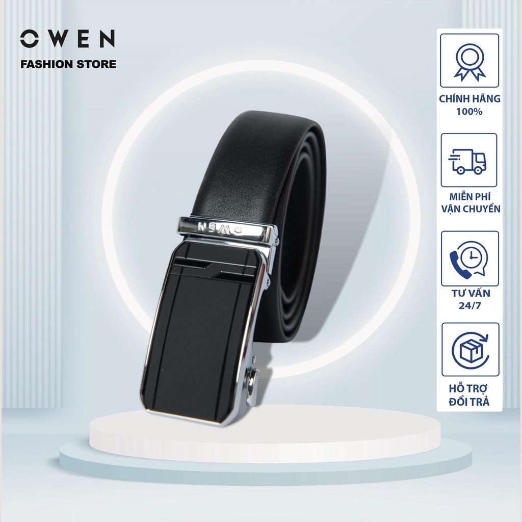 OWEN - Thắt lưng nam OWEN 100% da thật, mặt đen bóng, khóa trượt