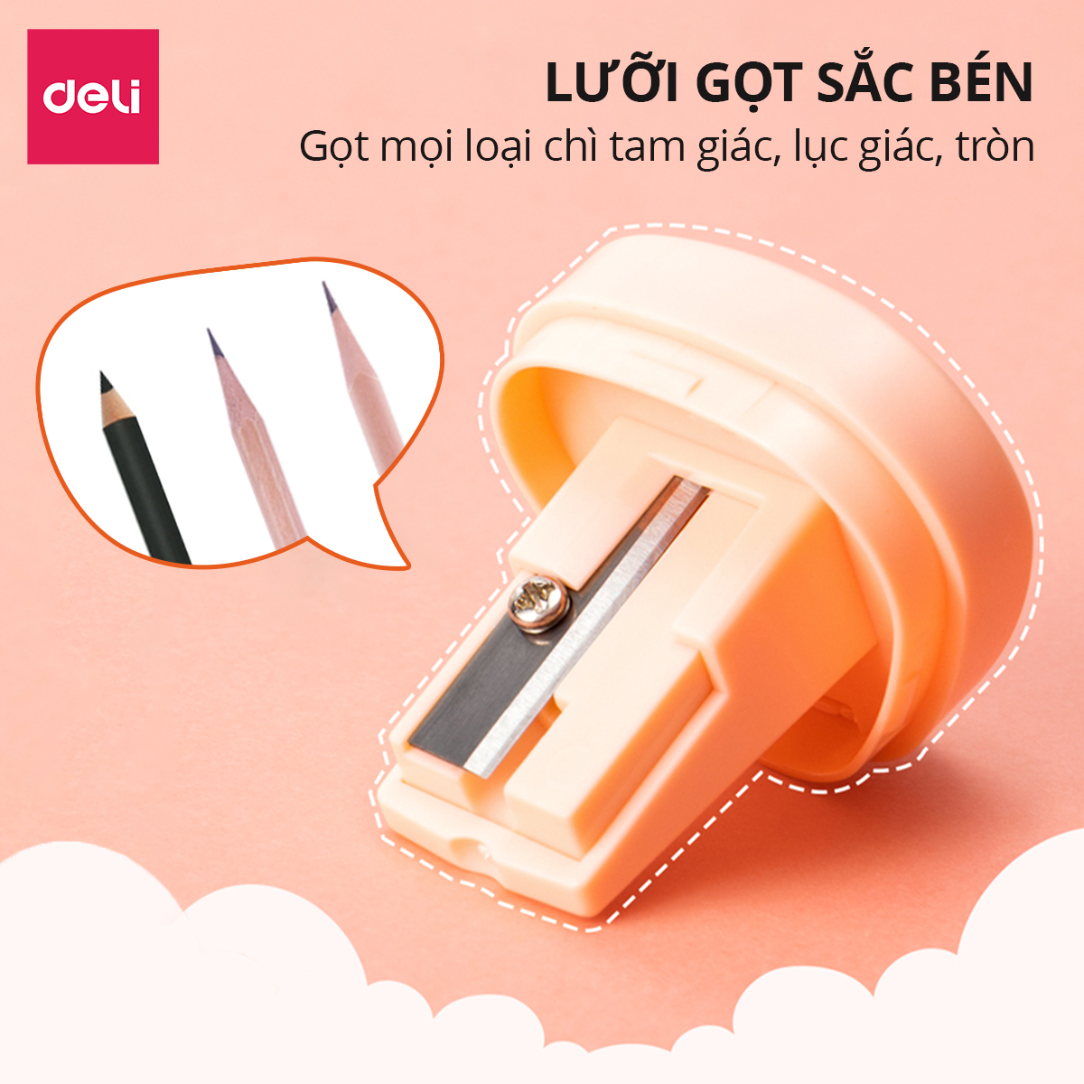 Gọt bút chì, chuốt bút chì Deli mini học sinh văn phòng nhỏ gọn, tiện lợi, dễ thương - Lưỡi thép không gỉ, sắc bén