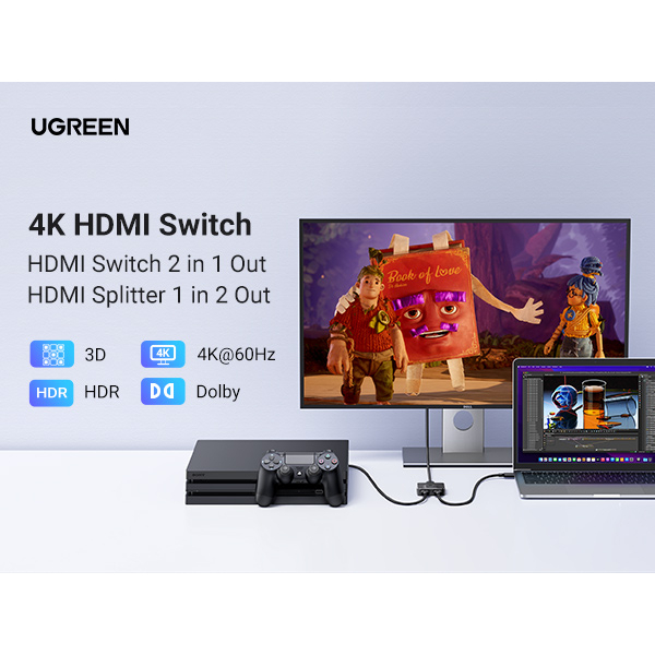 Bộ gộp tín hiệu HDMI 2 vào 1 ra Ugreen 70607 CM311 Switch HDMI 2.0 4K@60Hz ( hỗ trợ 2 chiều,dây đúc liền 1met ) hàng chính hãng