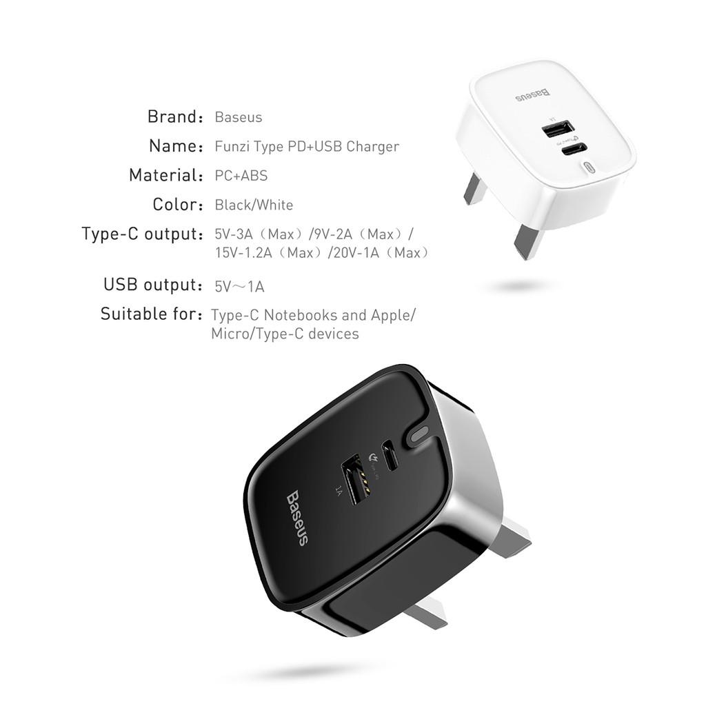 Bộ sạc nhanh 3 chấu Baseus Funzi Type C PD + U Quick charger cho Smartphone/ Tablet/ Macbook - Hàng Chính Hãng