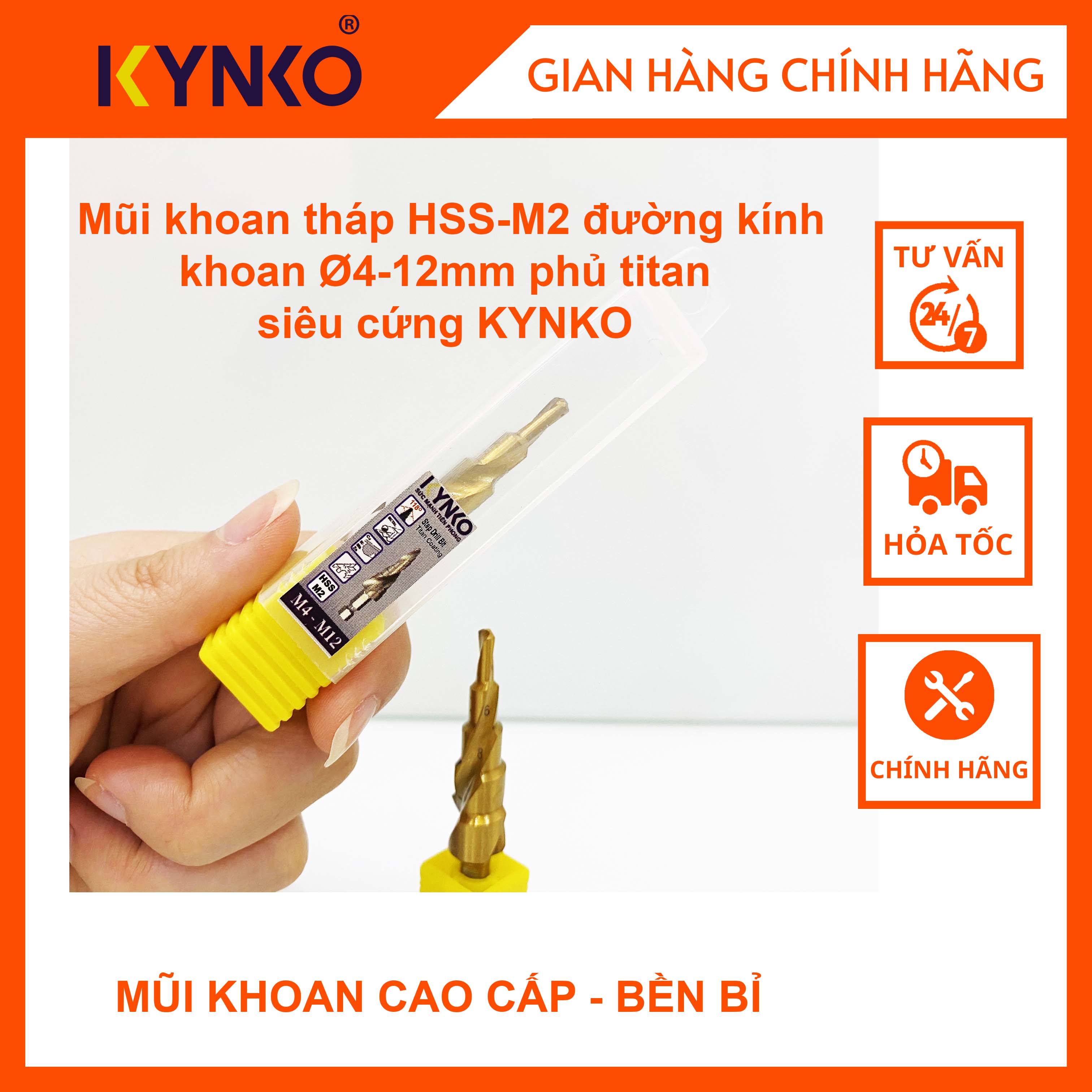 Mũi khoan tháp HSS-M2 đường kính khoan 4-12mm phủ titan siêu cứng KYNKO