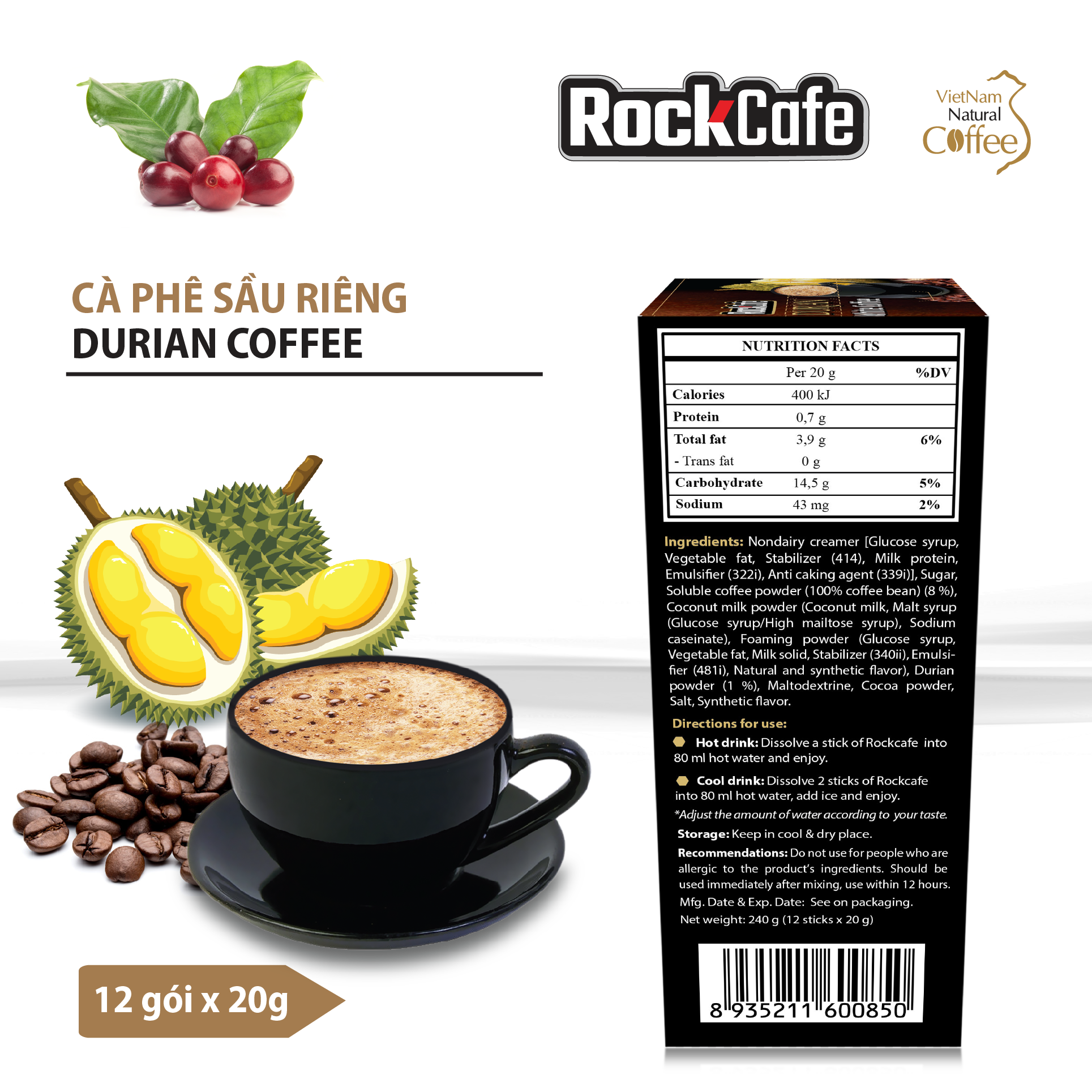 Hộp 12 gói Cà phê Sầu riêng ROCKCAFE (20g/gói)