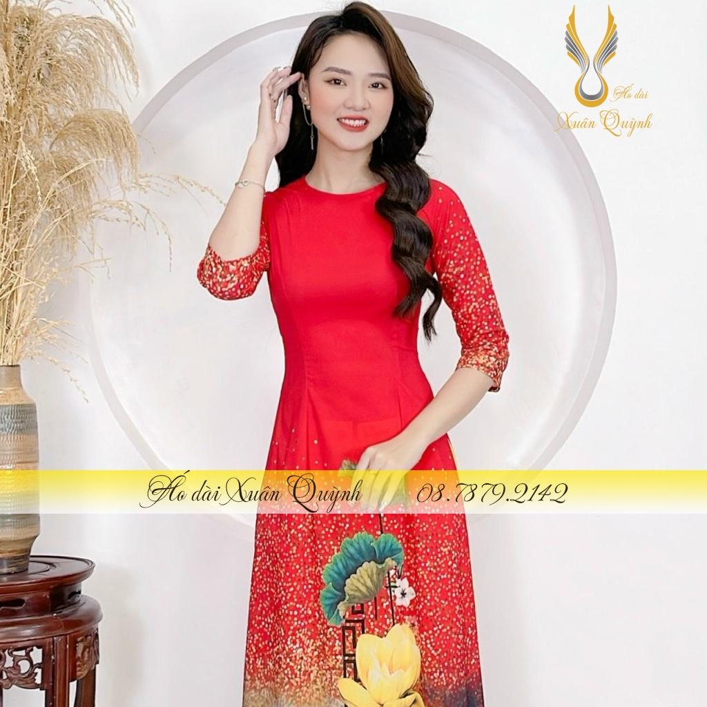 Áo Dài Truyền Thống Hoa Sen Chấm Bi Thanh Lịch, Duyên Dáng Lụa Habutai A21 - Áo Dài Xuân Quỳnh