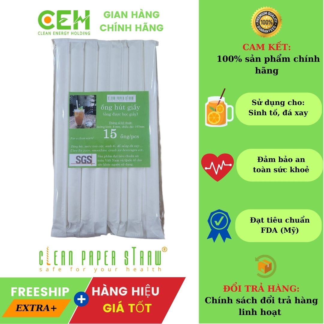 Túi 15 ống hút giấy có bọc 8x197mm màu trắng dành cho sinh tố, đá xay
