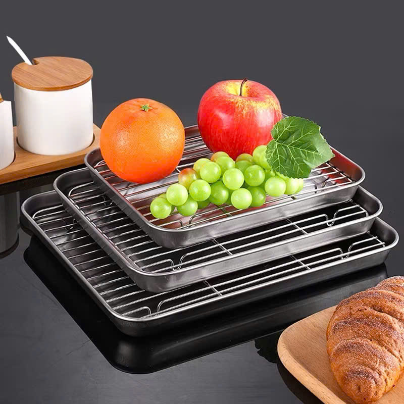 Khay Nướng Inox 304 Dày Dặn Kèm Vỉ Hấp Hình Chữ Nhật Dùng Nướng Bánh, Thực Phẩm - HÀNG CHÍNH HÃNG MINIIN