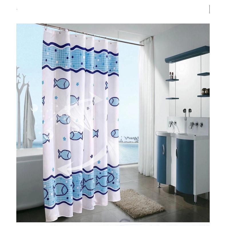 Rèm Phòng Tắm Rèm Vải Polyester Dày Phòng Tắm Họa Tiết Cá Xanh