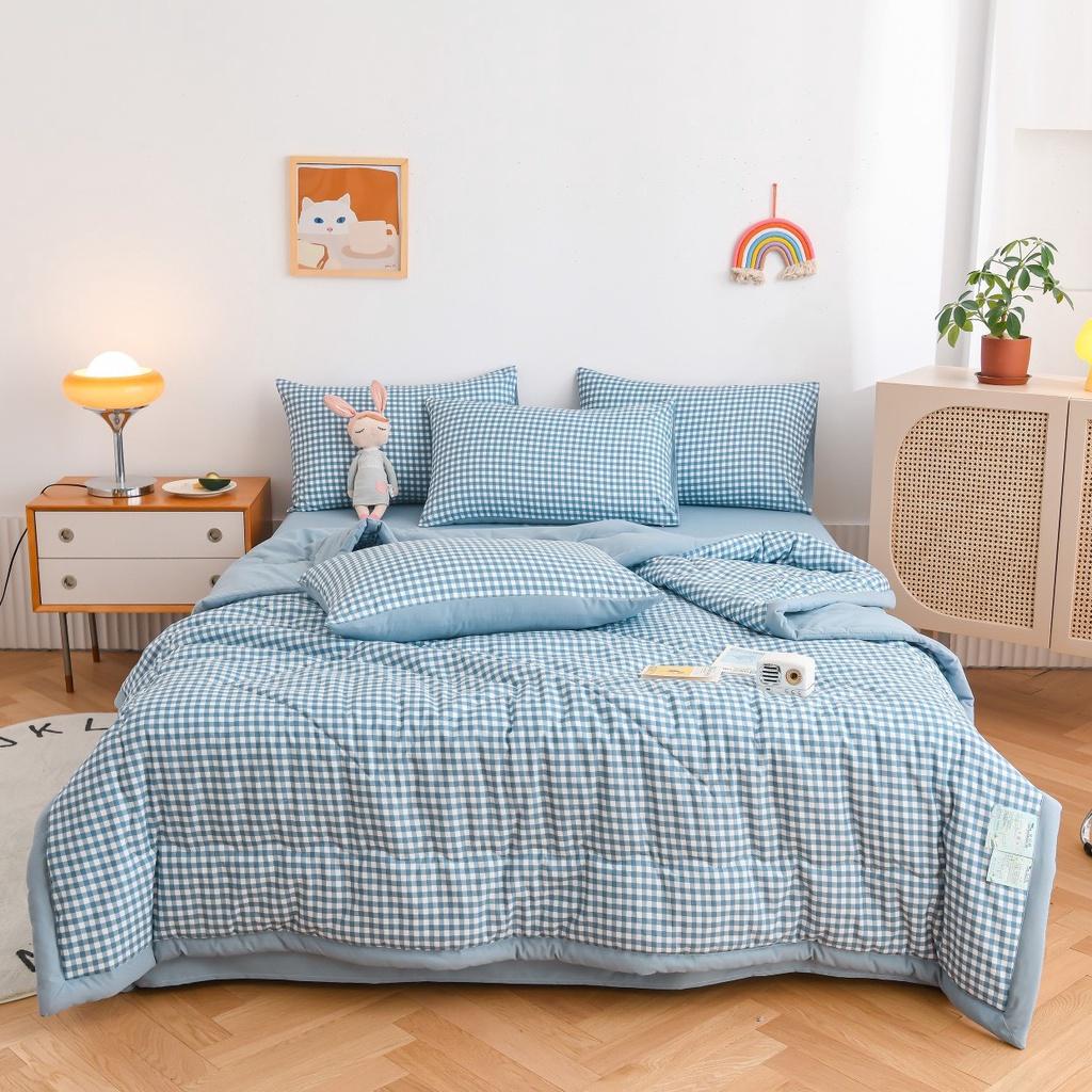 Bộ Chăn Ga Gối Cotton Đũi, chăn chần bông m6/m8/2m-Nhà Nhím Bedding2 Vỏ gối ,drap ,chăn chần Basic Caro Kẻ