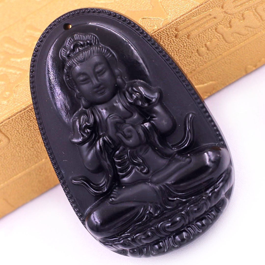 Mặt Phật Đại nhật như lai đá thạch anh đen 3.6 cm kèm móc và dây chuyền inox, Mặt Phật bản mệnh