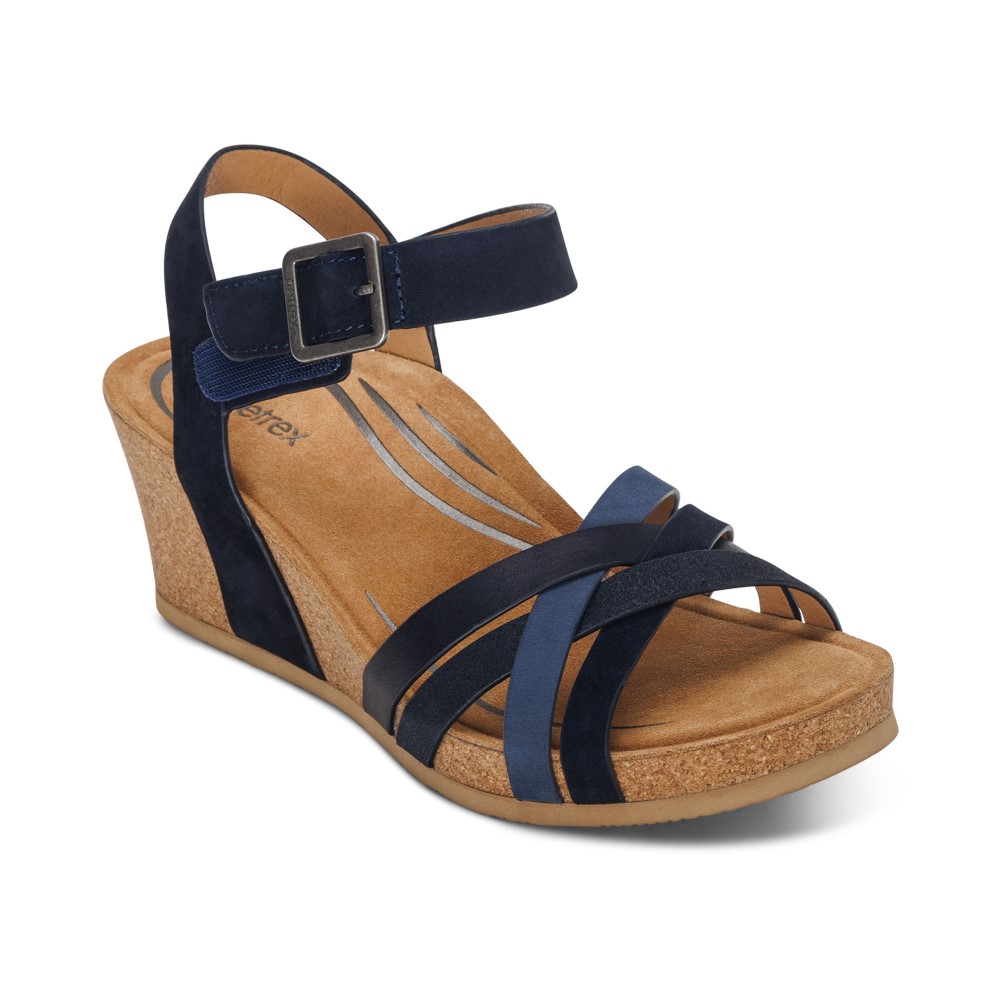 Sandal sức khoẻ nữ Aetrex Noelle Navy - Giày cao gót 5p đệm da mềm