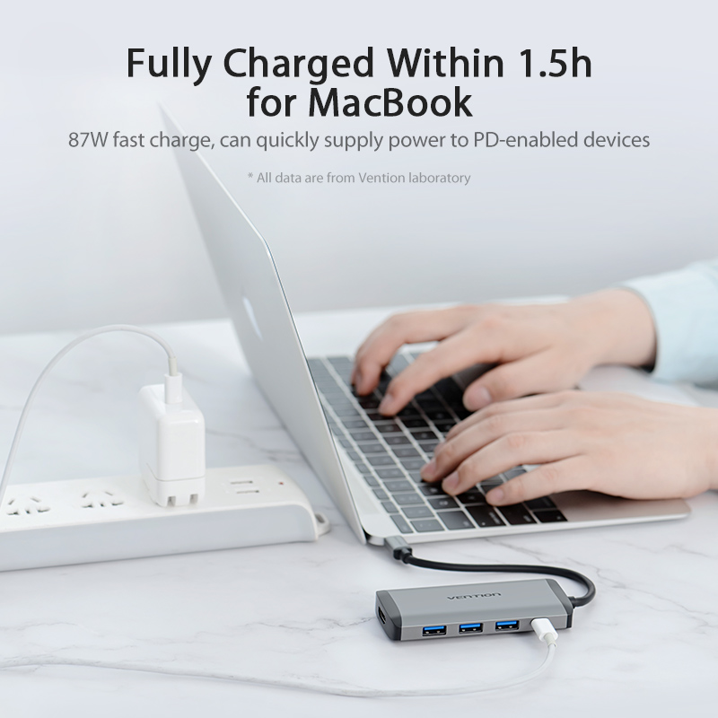 HUB chuyển đổi USB Type-C 5 in 1 Vention - HDMI + USB 3.0*3 + PD ( 87W) - Hàng chính hãng