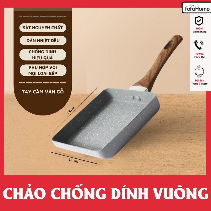 Chảo Chống Dính Chiên Trứng Cuộn Dùng Mọi Loại Bếp Chảo Đáy Từ Mini Rán Trứng Vuông, Chiên Xào, Kích Thước 18cm