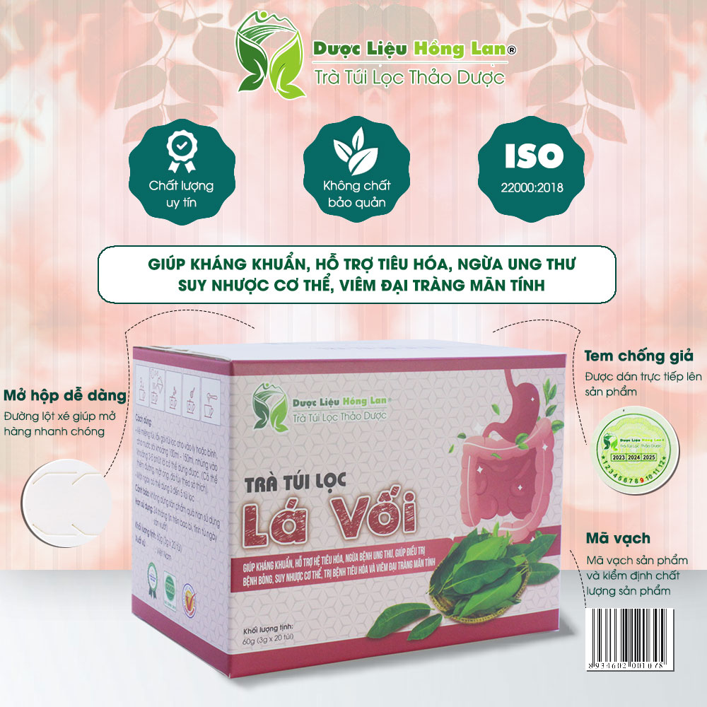Trà Lá Vối túi lọc hộp 60g Cty Dược Liệu Hồng Lan - Giúp kháng khuẩn, hỗ trợ hệ tiêu hóa, ngừa bệnh ung thư, trị bệnh tiêu hóa và viêm đại tràng mãn tính,...