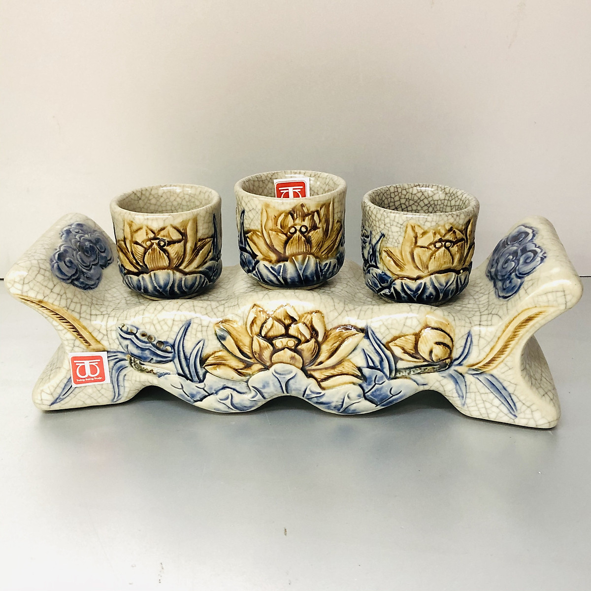 Bộ cúng nước 3 ly sen men rạn nỗi -TL293