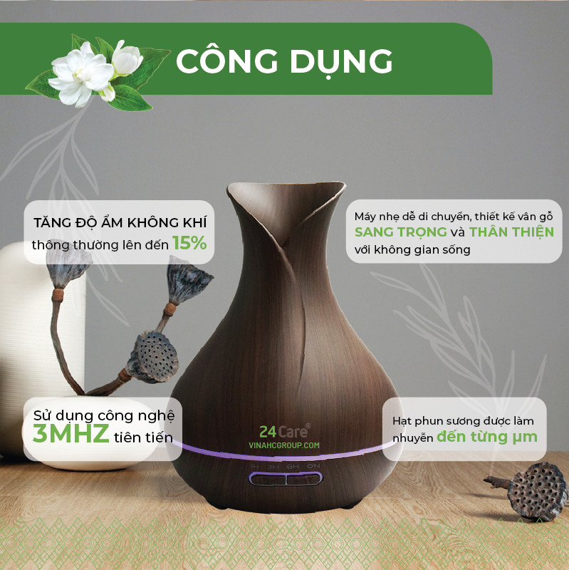 Máy khuếch tán Tinh Dầu 24Care Tulip màu Đen Ultrasonic 500ml, Tặng 3 Chai Tinh dầu Sả Chanh + Bạc Hà + Quế 24Care 10ml | Xông Phòng | Kèm Remote Điều Khiển | Công nghệ siêu âm tiên tiến