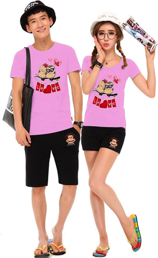 Bộ Áo Thun Đôi Nam Nữ Đôi Chim Cu Màu Hồng Phấn - S - M