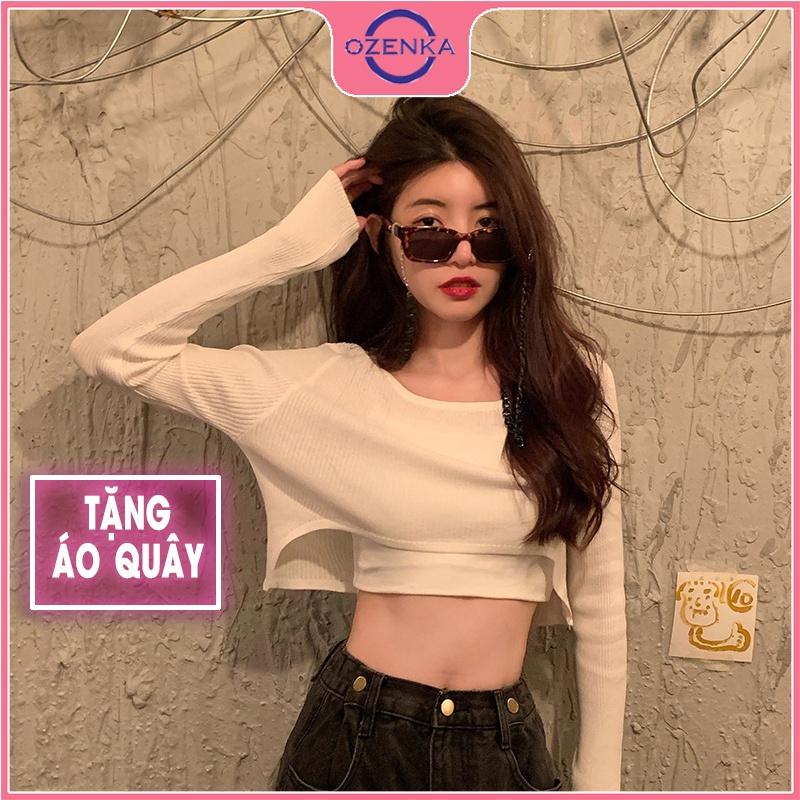 Áo thun croptop tay dài mỏng mặc hè ,crt kiểu hàn quốc rộng khoét gấu gợi cảm mặc đi chơi đi học đen trắng