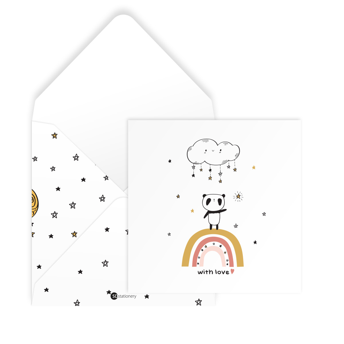 Thiệp tình bạn, tình cảm với bố mẹ, tình yêu Valentine WITH LOVE vuông 12cm SDstationery PANDA gấu trúc, cầu vồng, mây sao