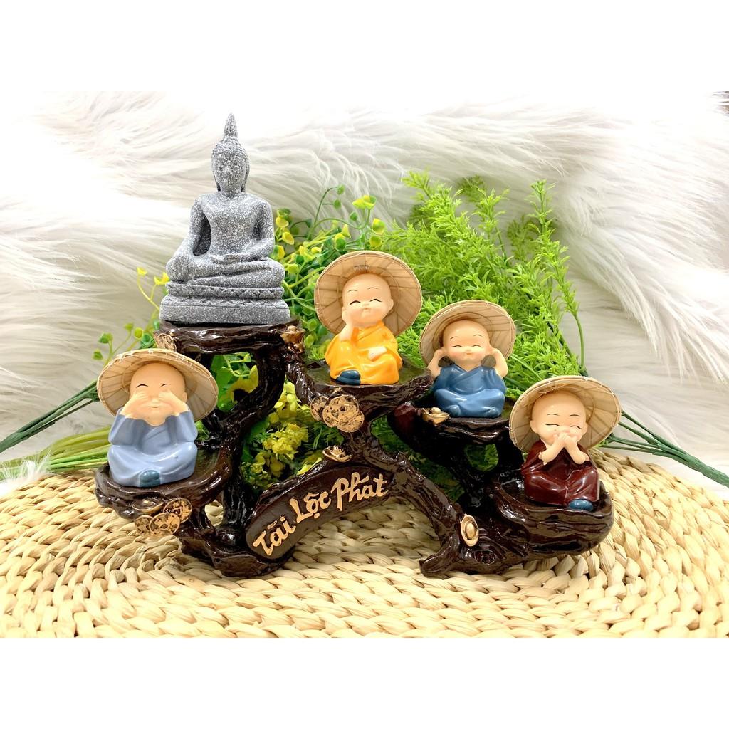 Set bộ tượng Bổn Sư Thích Ca cùng các Chú Tiểu Nón Len và Đế tượng