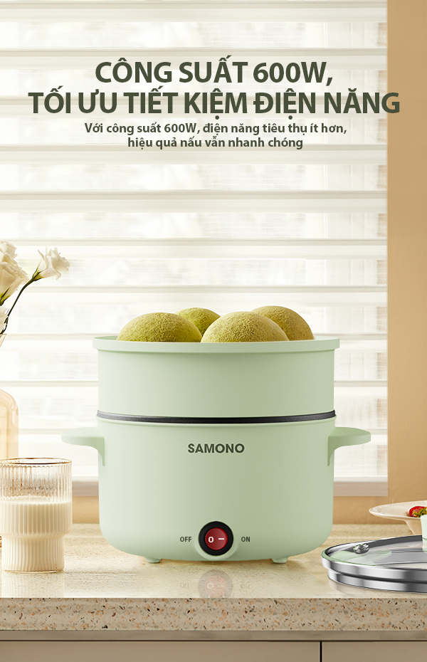 Nồi Điện Đa Năng SAMONO SW-DG04 Lòng Nồi Chống Dính Dung Tích 1.2 Lít Công Suất 600W Chất Liệu An Toàn Thực Phẩm Kèm Nồi Hấp HÀNG CHÍNH HÃNG