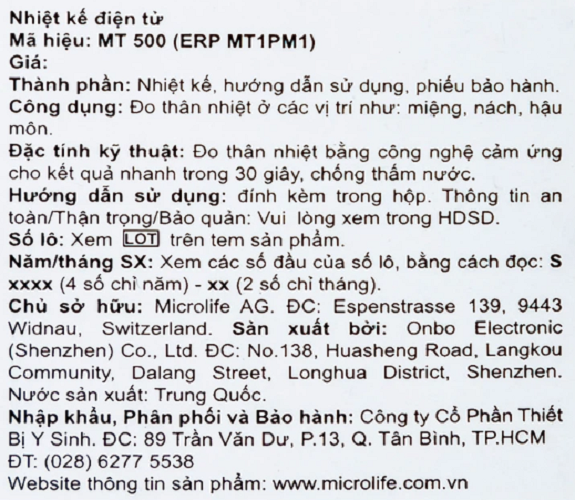 Nhiệt kế điện tử Microlife MT500 đo nhiệt độ nhanh trong 30 giây, chống thấm nước