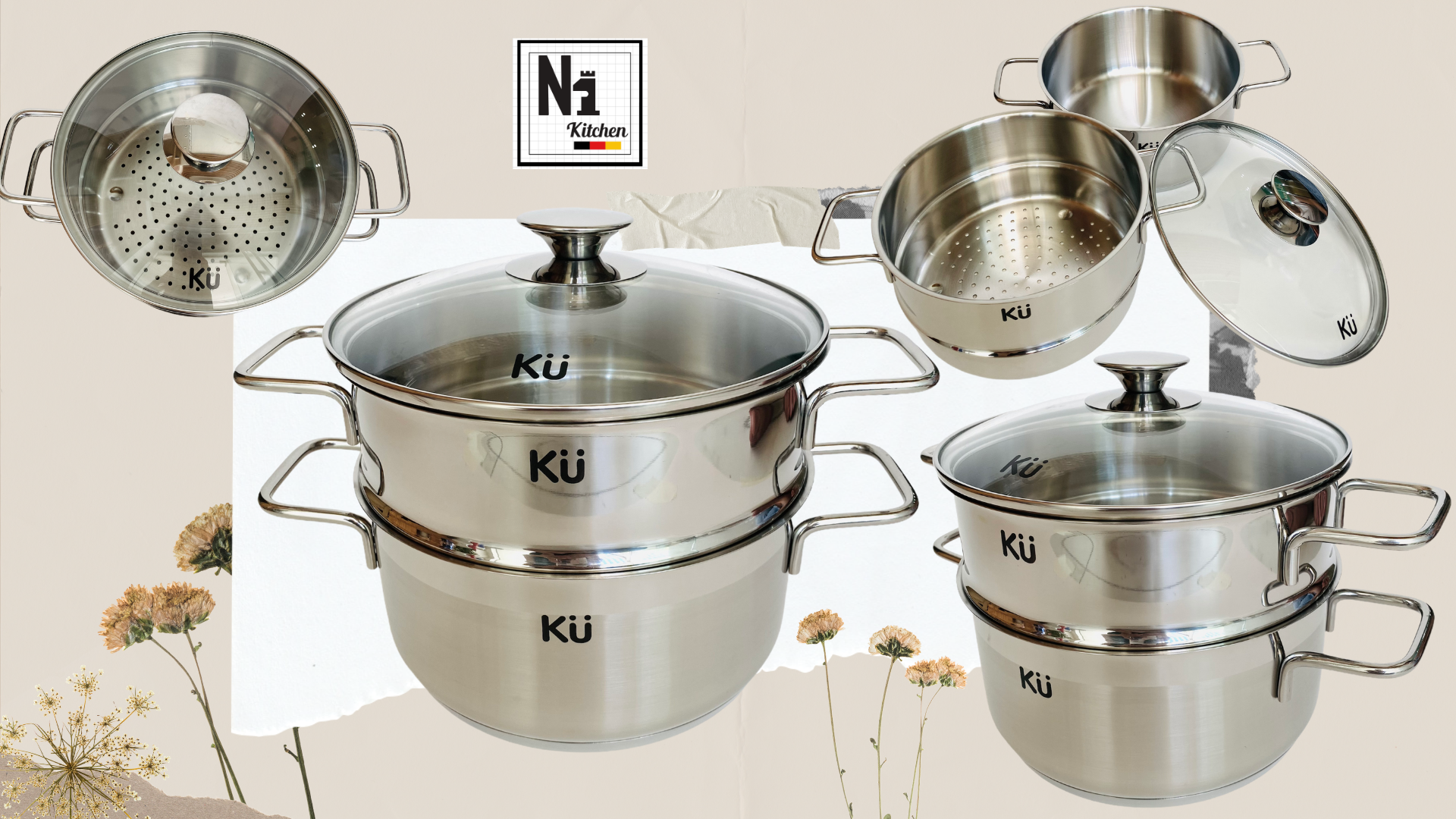 Bộ nồi inox KUCHEN, Hàn Quốc, Bảo hành: 10 năm – Set 5 nồi - Hàng Chính Hãng