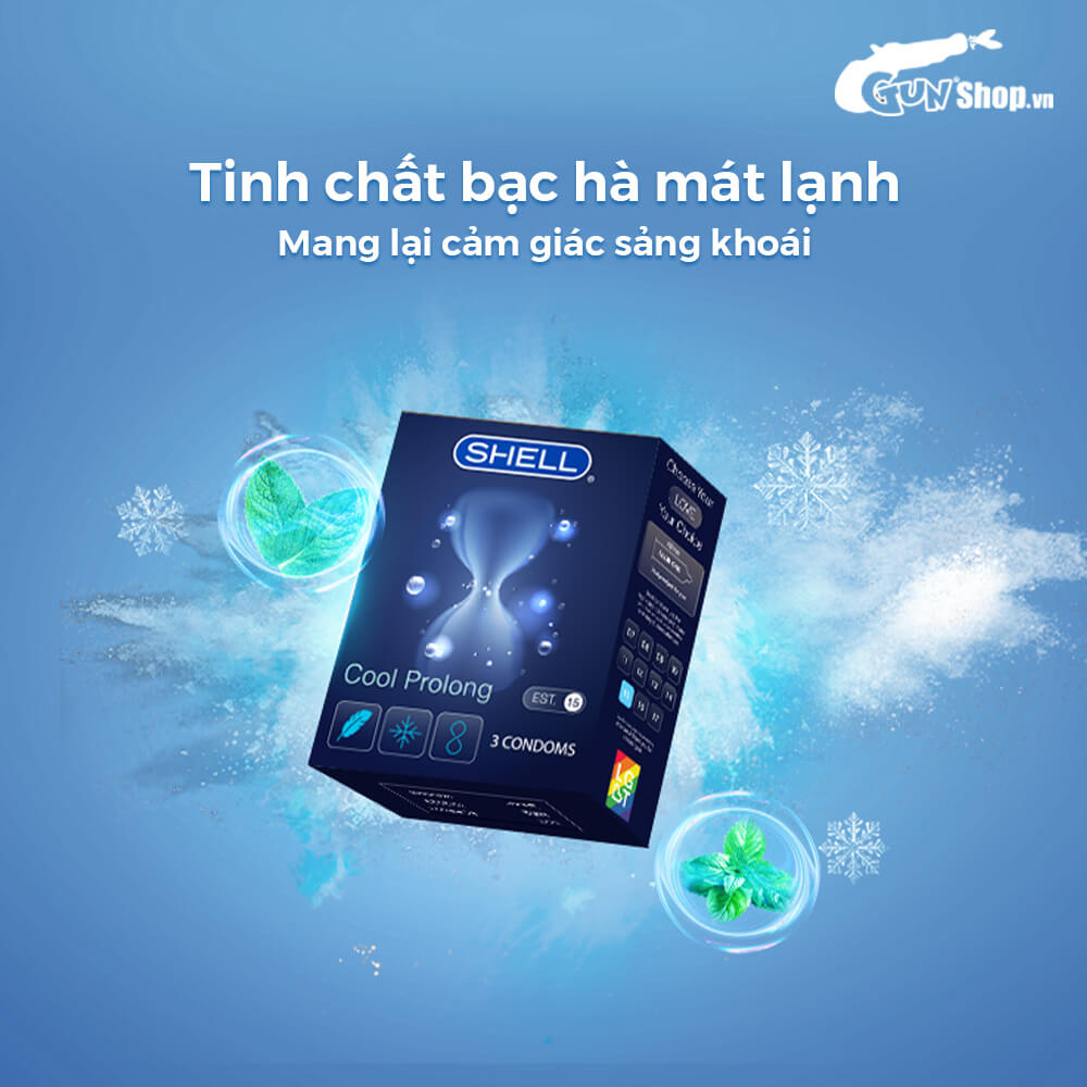 Bao cao su Shell Cool Prolong kéo dài thời gian, bạc hà mát lạnh - Hộp 3 cái