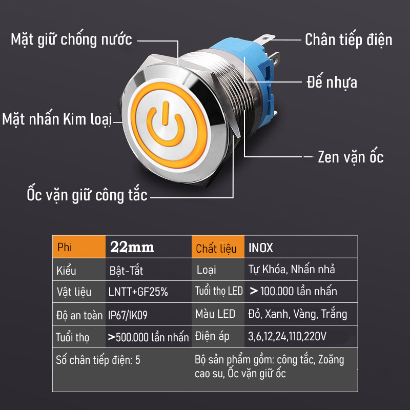Công tắc nguồn Inox nhấn giữ tự khóa 22mm, Self-Lock Chịu nhiệt, Chống thấm nước