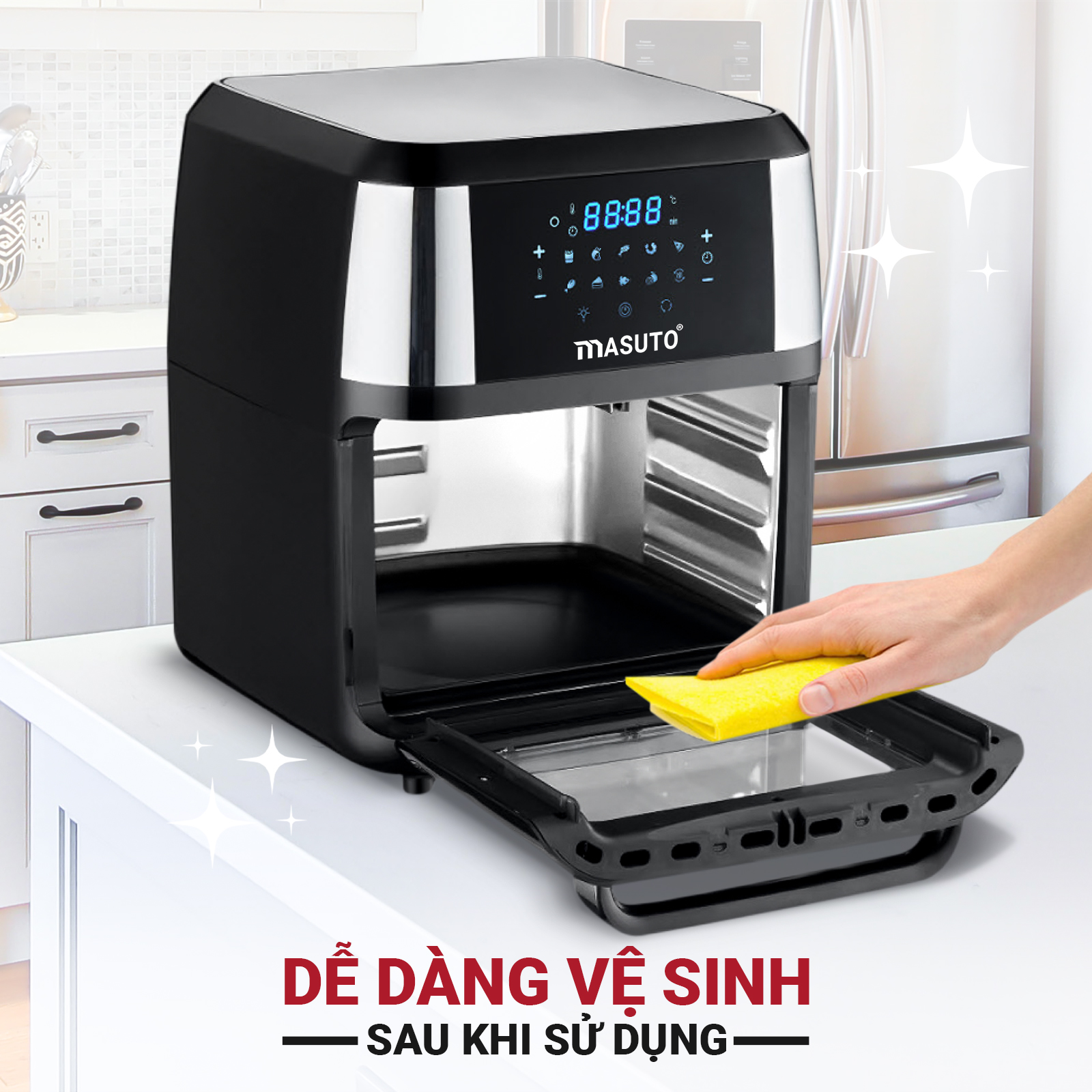 Nồi bếp chiên kiêm lò nướng không dầu Masuto Air Fryer 2022 CN Nhật Bản dung tích lớn quay gà nguyên con nấu vạn món ngon-Hàng chính hãng