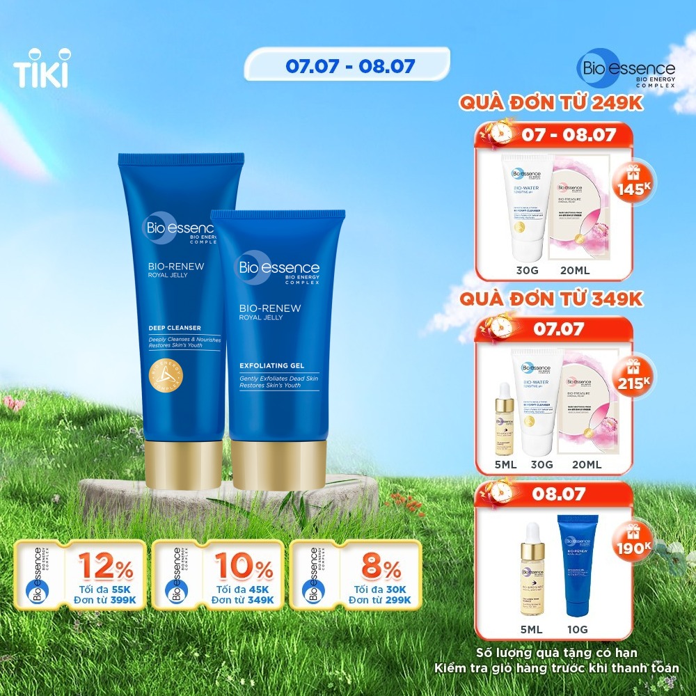 Bộ đôi Sữa rửa mặt & Tẩy tế bào chết làm sạch chuyên sâu Bio Essence (Gel tẩy tế bào chết Bio-Essence Bio-Renew tinh chất sữa ong chúa 60gr + Sữa rửa mặt Bio-Renew tinh chất sữa ong chúa