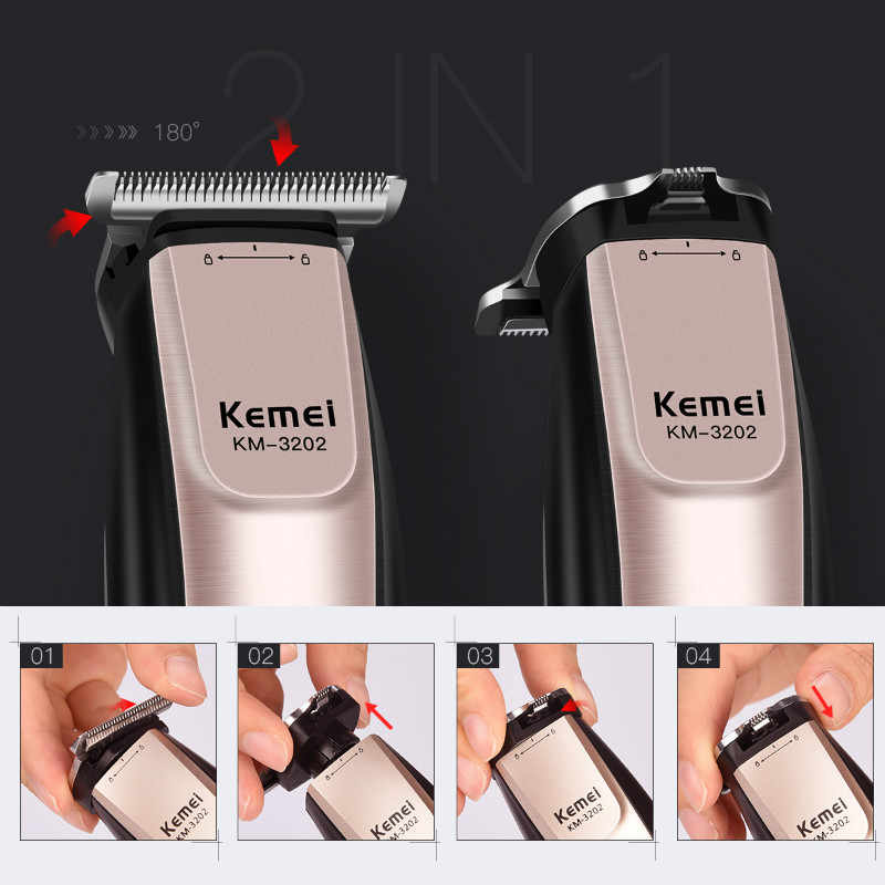 Tông đơ chấn viền Kemei KM-3202 chuyên nghiệp 2in1 thiết kế 2 đầu thay thế tiện lợi có thể dùng khắc tóc, tattoo tóc, tạo nét, fade tóc, sử dụng 2 đầu sạc tiện lợi Tặng kèm 2 kẹp cá sấu chia tóc màu ngẫu nhiên