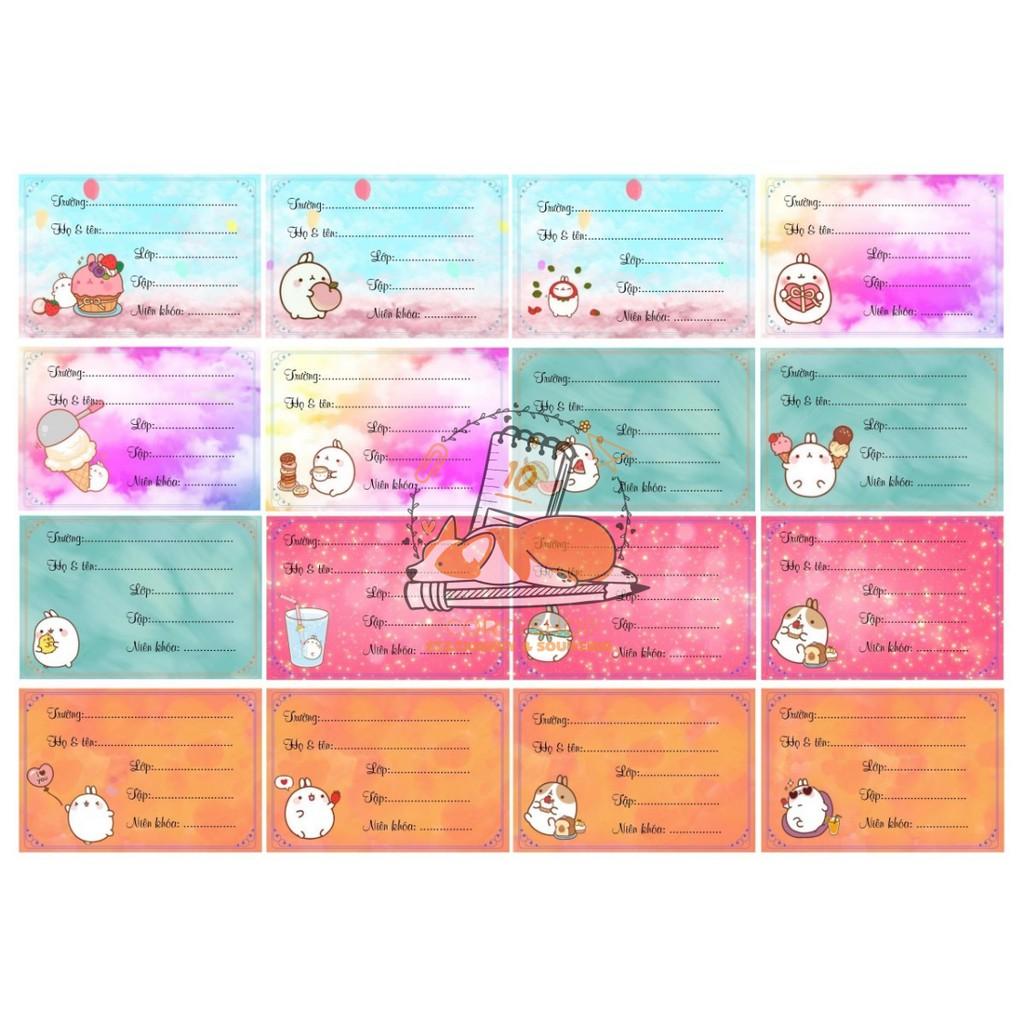 Set 16 nhãn vở hoạt hình Bare Bear, Doraemon, thỏ molang, pokemon (nhãn vở học sinh theo yêu cầu)