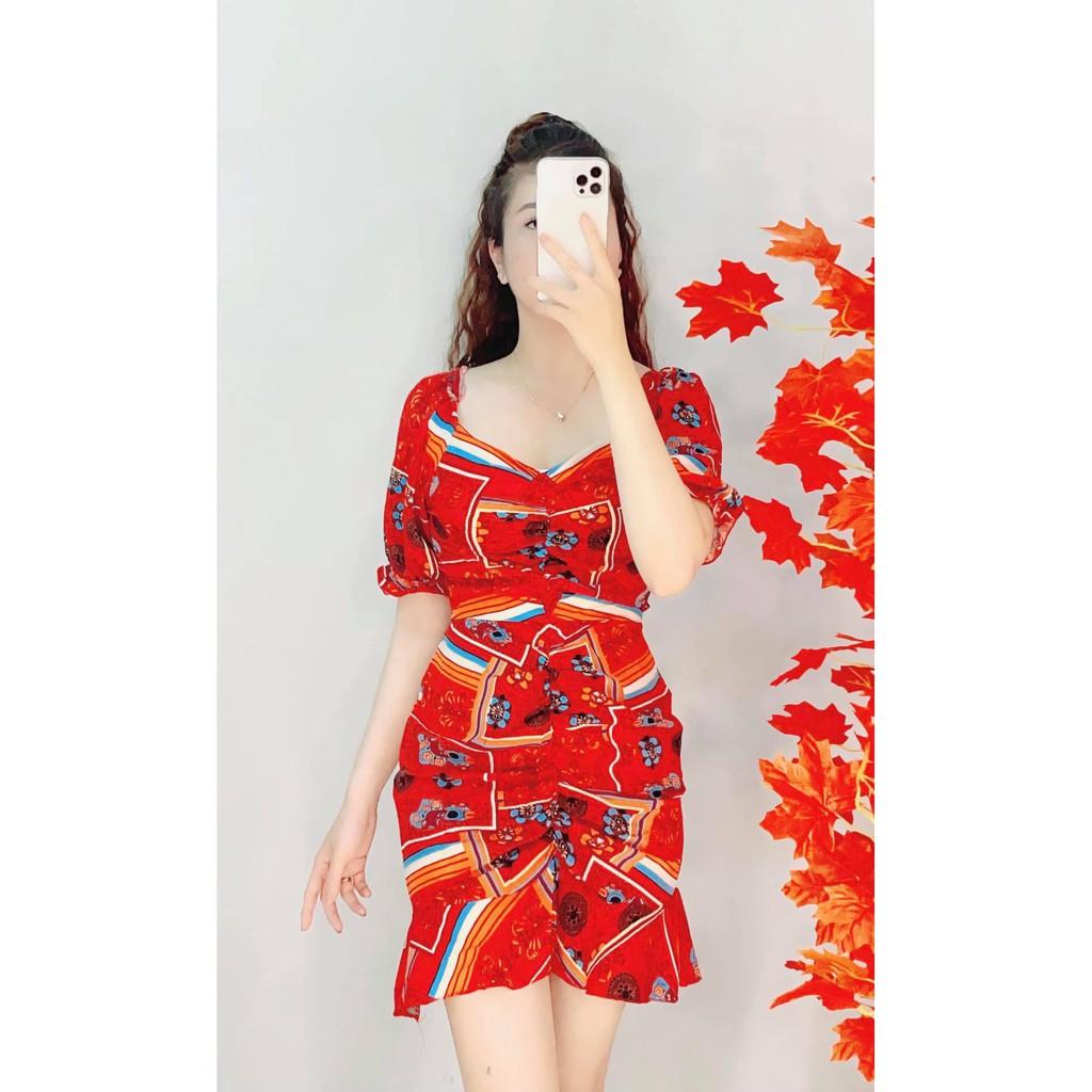 Đầm họa tiết hoa lá tay ngắn