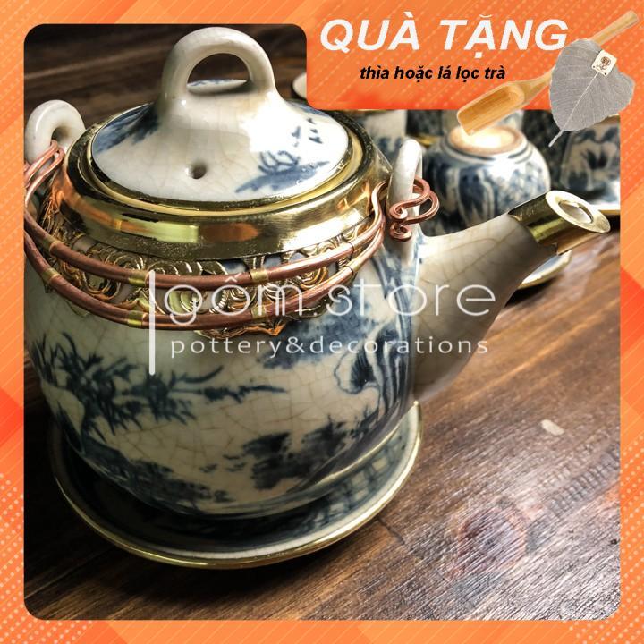 Ấm trà Bát Tràng men rạn giả cổ dáng quả dưa bọc đồng