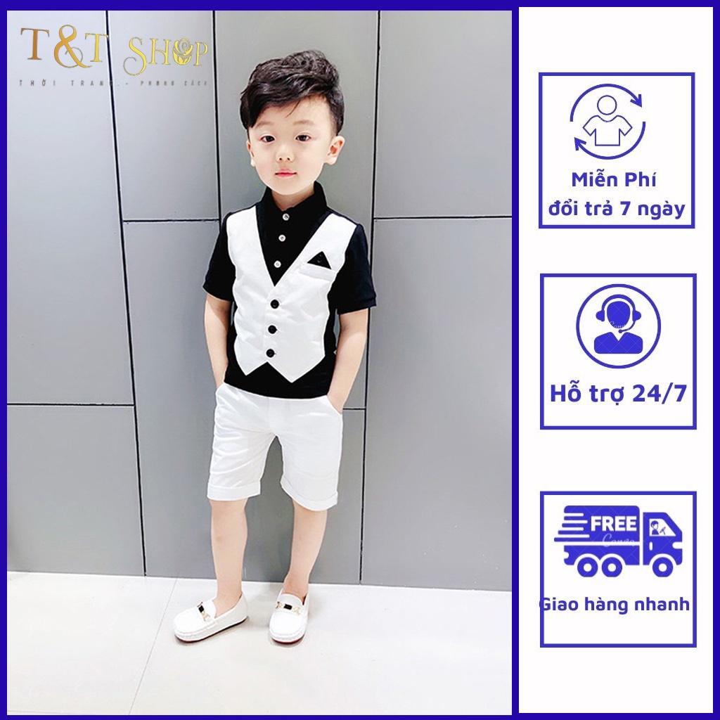Bộ quần áo thun cộc tay cho bé.Trước áo được may giả gile, áo cho bé- h64