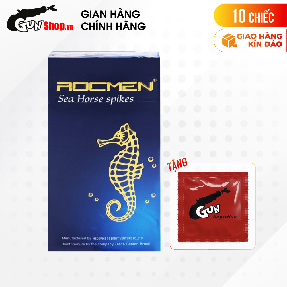 [Hộp 10 cái] Bao cao su Rocmen Sea Horse Spikes - Kéo dài thời gian kèm 1 chiếc BCS Gun Super Thin