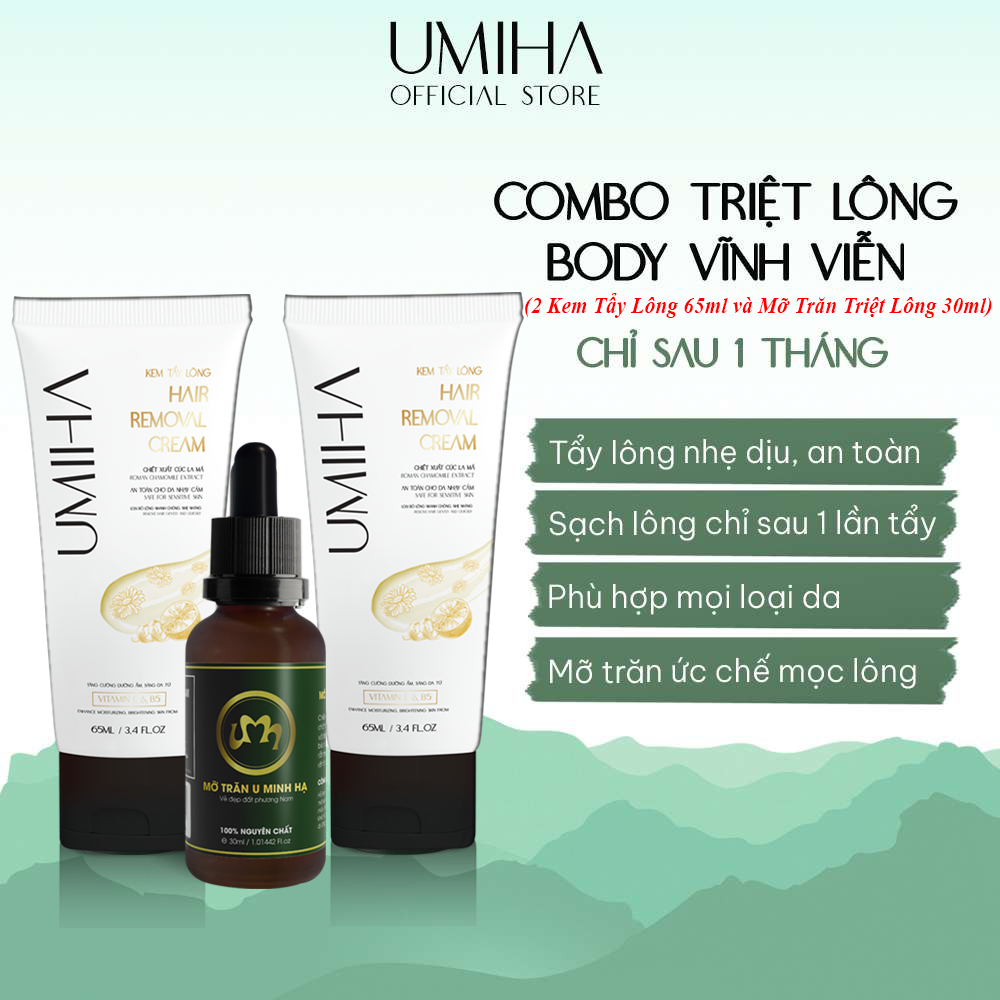 Combo tẩy triệt lông Body Toàn Thân vĩnh viễn UMIHA tại nhà | Mỡ trăn triệt lông vĩnh viễn U Minh Hạ (30ml) và Kem tẩy lông UMIHA (65ml x2) an toàn cho da nhạy cảm